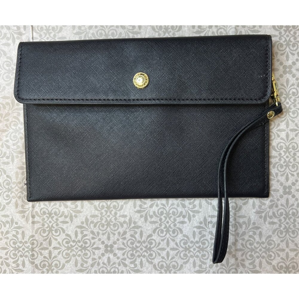 Black Faux Leather Wristlet Clutch With Gold-Tone Snap Closure & Purple Interior